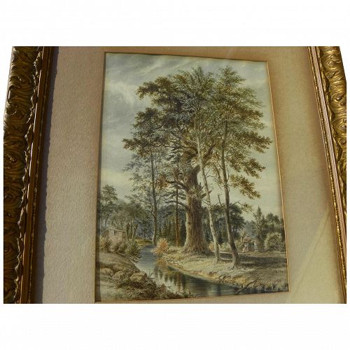 19th century antique ink and watercolor drawing of ancient tree in forested landscape with figures