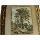 19th century antique ink and watercolor drawing of ancient tree in forested landscape with figures