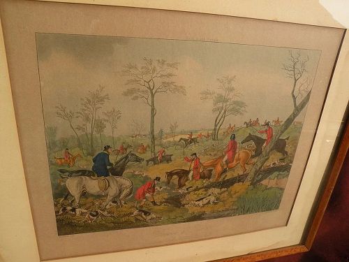19th century English colored engraving of hunting scene with hounds and horsemen after HENRY ALKEN