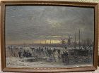 ADOLF STADEMANN (1824-1895) German art fine oil painting ice skaters at sunset by well listed artist