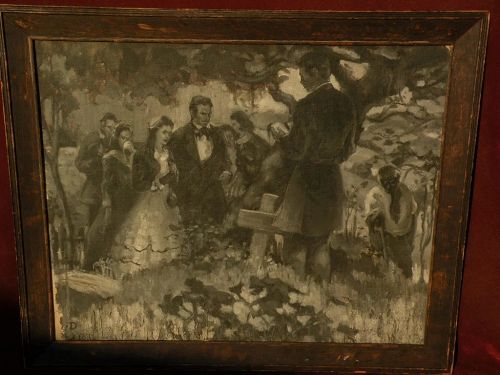 American illustration art vintage signed oil painting en grisaille circa 1920s or 1930s