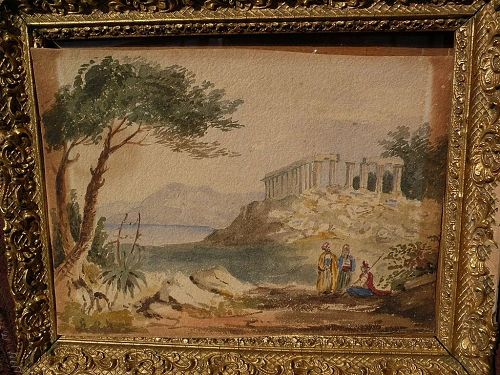 Antique watercolor painting of Greek or Roman temple in Mediterranean landscape