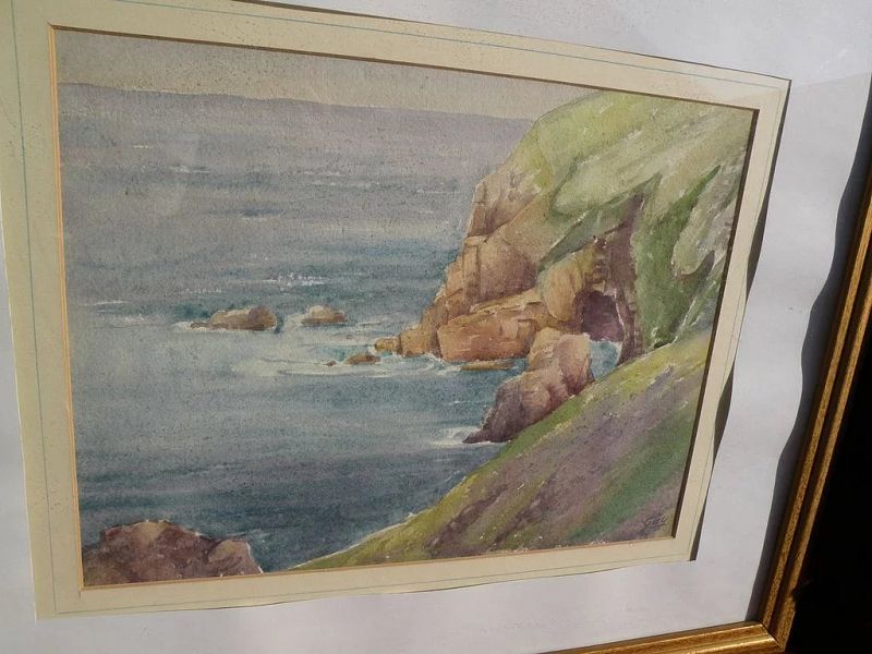 American art signed watercolor coastal painting two sided