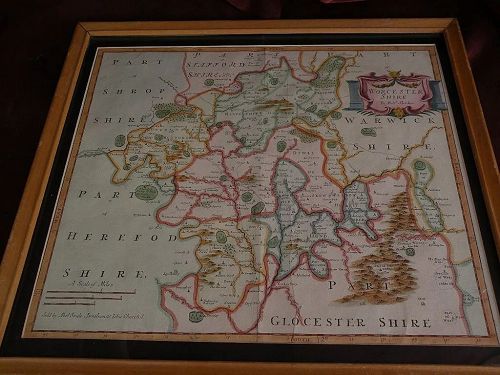 Antique map of Worcestershire England circa early 1700's by Robert Morden with later hand coloring