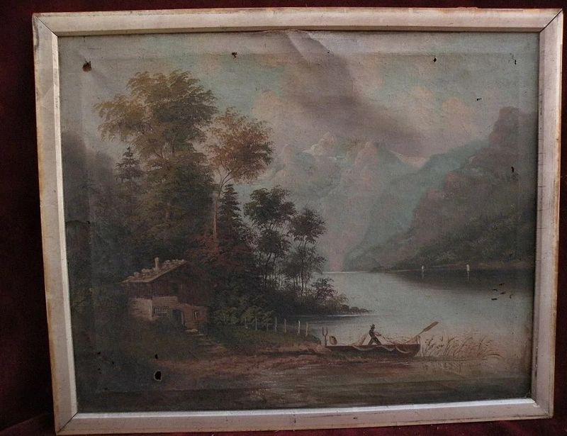 19th century European art mountains lake landscape painting likely German