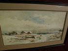 American watercolor primitive 19th century coastal winter landscape