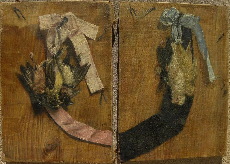 19th century PAIR signed paintings of songbirds trompe l'oeil style