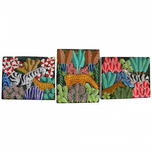 Haitian art THREE naive colorful paintings of zebras and giraffes in landscapes