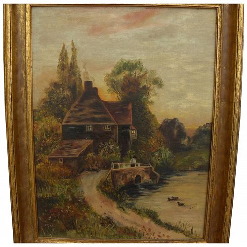 English 1915 signed antique painting of cottage by duck pond