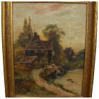 English 1915 signed antique painting of cottage by duck pond