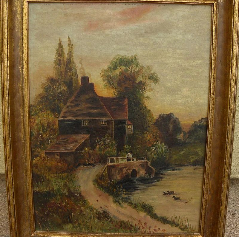 English 1915 signed antique painting of cottage by duck pond