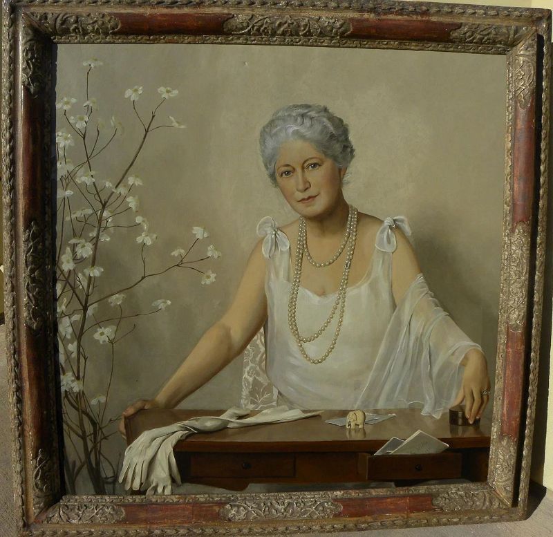 Large signed 1930 dated portrait of elegant society woman in important M. Grieve framing