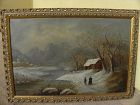 Antique painting late 19th century winter landscape with figures