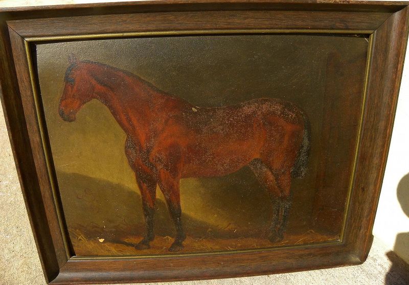 English sporting art 1899 painting of thoroughbred horse in stall signed with monogram