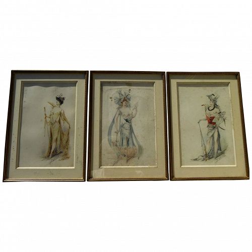 ALEXANDRE JEAN LOUIS JAZET (1814-1897) ***three*** original Art Nouveau watercolor drawings of women in elaborate costumes by noted French illustrator artist