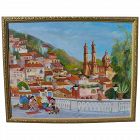 Colorful detailed contemporary naive style Mexican painting of church at Taxco and surrounding neighborhood
