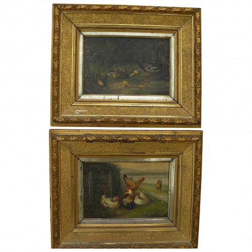 PAIR of European 19th century paintings of chickens and ducks signed L MULLER