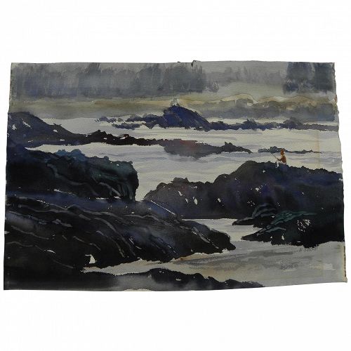 American watercolor painting of fisherman on the rocks signed E. Dunlavey