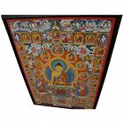 Contemporary Tibetan thangka original painting featuring central figure Buddha surrounded by smaller figures