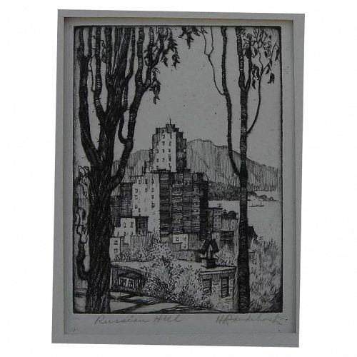 HARRIET GENE ROUDEBUSH (1908-1998) pencil signed etching "Russian Hill" by listed San Francisco artist