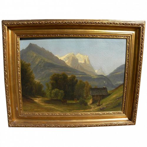 Swiss antique painting Wetterhorn peak Switzerland signed dated 1859