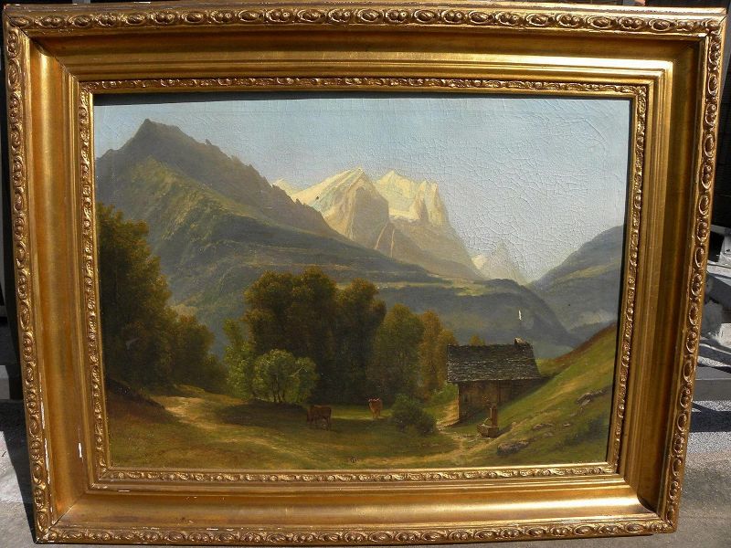 Swiss antique painting Wetterhorn peak Switzerland signed dated 1859