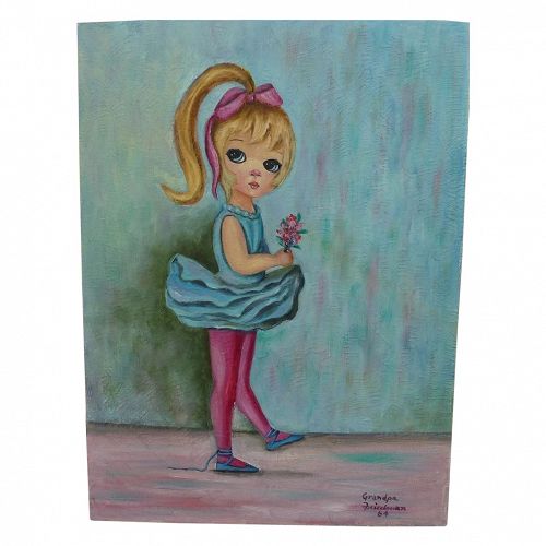 Big Eye school 1964 painting of young girl in Margaret Keane style