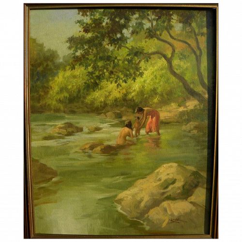 CESAR AMORSOLO (1903-1998) fine oil landscape painting bathers in a river by noted Filipino artist