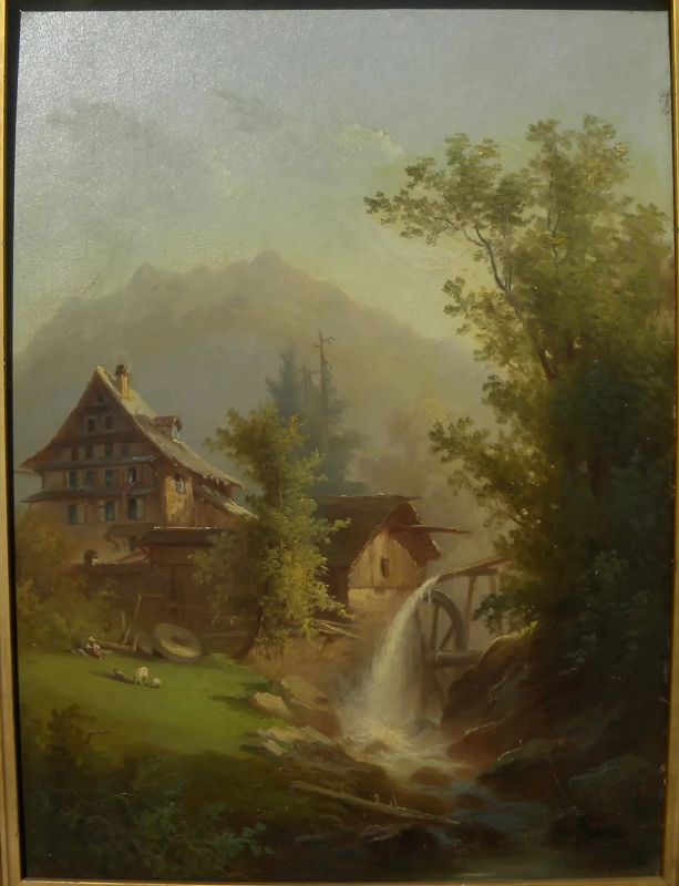 FERDINAND SOMMER (1822-1901) Swiss art poetic landscape house and water wheel in mountains