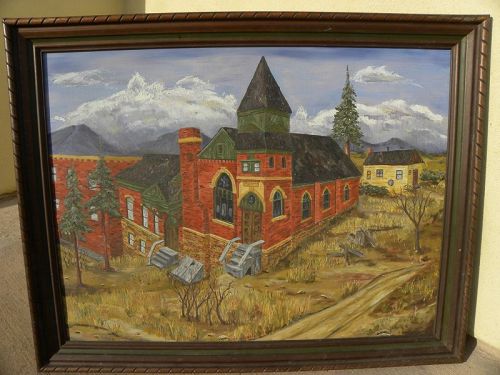 American Regionalist art painting of church in landscape signed SHUCK