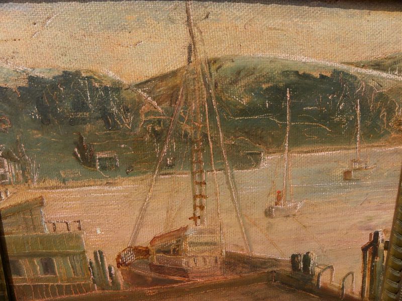 California art 1961 painting of Morro Bay harbor by artist Mary Harrington