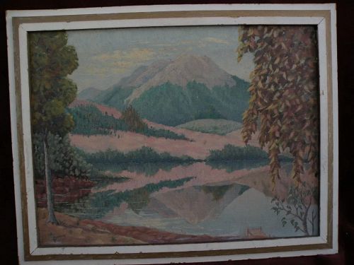 Northwest American art impressionist painting volcano and lake signed