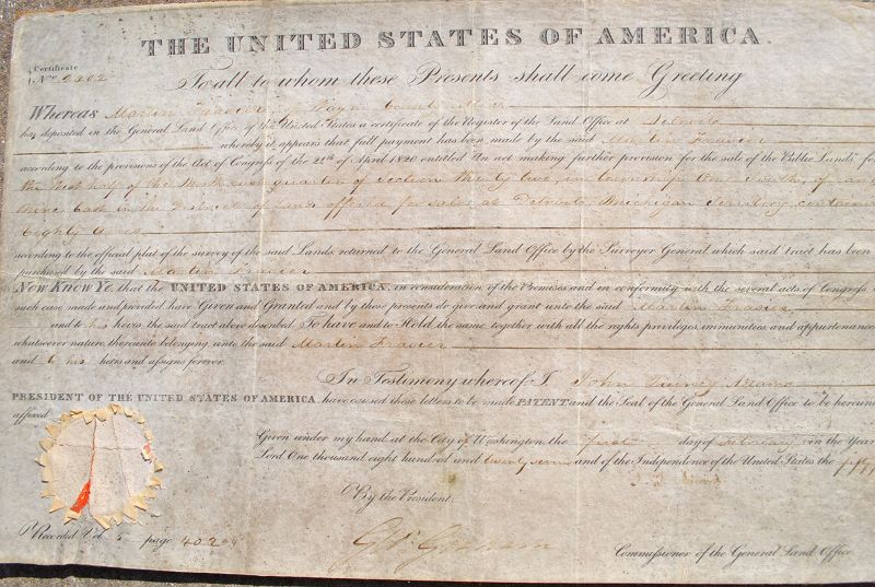 JOHN QUINCY ADAMS presidential memorabilia authentic autograph 1827 land grant