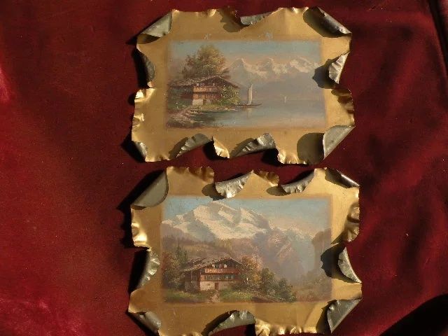 Swiss art 19th century PAIR of antique signed oil paintings of alpine chalets on tin