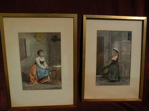 Pair 19th century Italian genre watercolor paintings signed BUZZI