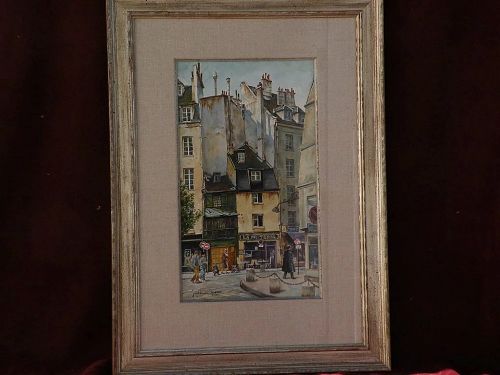 JACK HINES (1923-2015) well listed western American artist original 1984 detailed watercolor of Paris scene