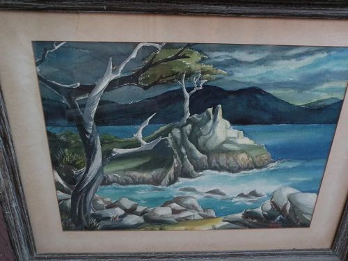 ROY DOTY (1922-) California art watercolor painting Lone Cypress Carmel coast
