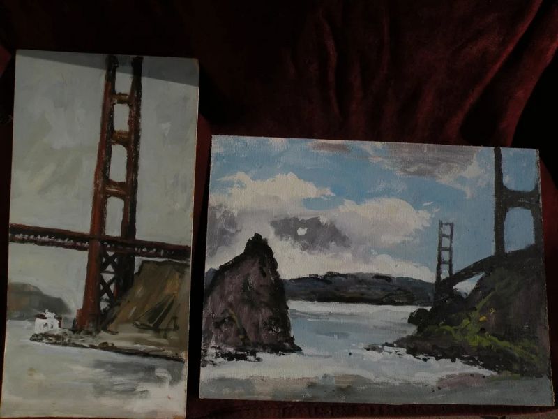 TED CHRISTENSEN (1911-1998) listed California art PAIR of paintings of the Golden Gate Bridge in San Francisco