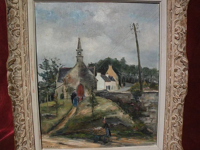 FRANCIS LE COADIC (1912-) French art charming painting of a country church in a landscape