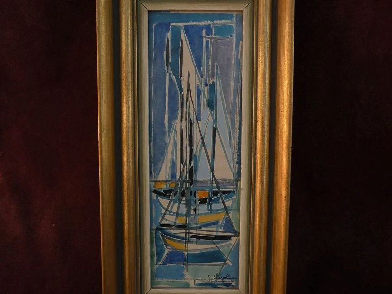 JEAN CHEVOLLEAU (1924-1996) color modernist drawing of boats in harbor by noted School of Paris French painter