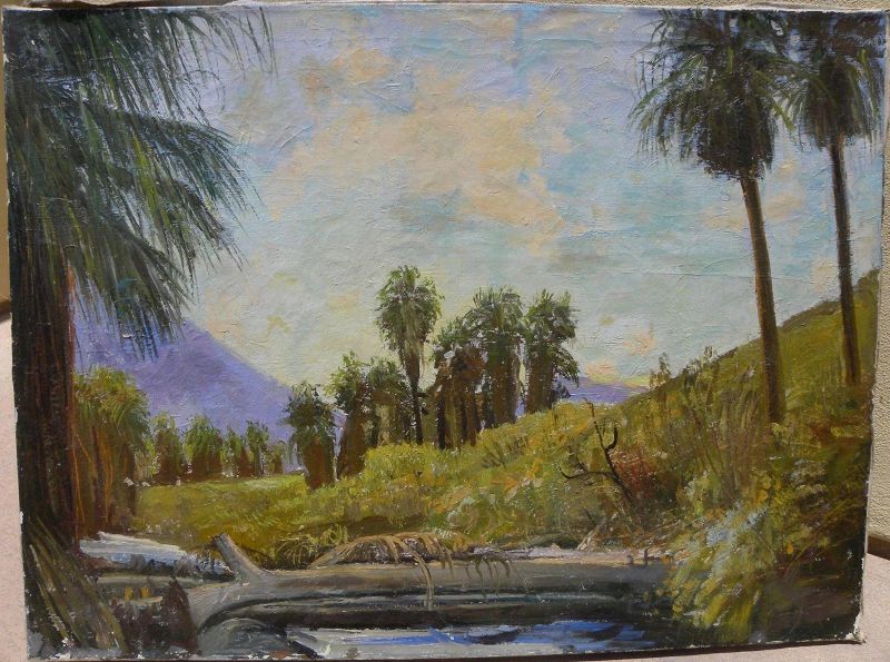 JAMES MERRIAM (1880-1951) California plein air art large oil painting of desert canyon wash