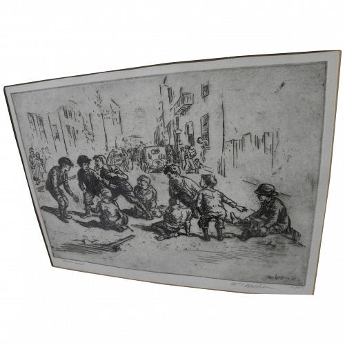 WILLIAM WOLFSON (1894-1966) pencil signed limited edition 1927 etching "Marble Game" by Ashcan School artist