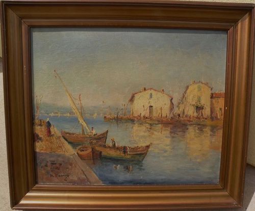 DOMINIQUE MANAGO (1902-) impressionist painting of Mediterranean harbor by listed French artist