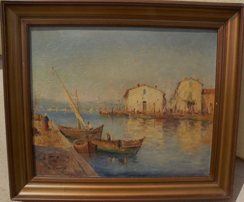 DOMINIQUE MANAGO (1902-) impressionist painting of Mediterranean harbor by listed French artist