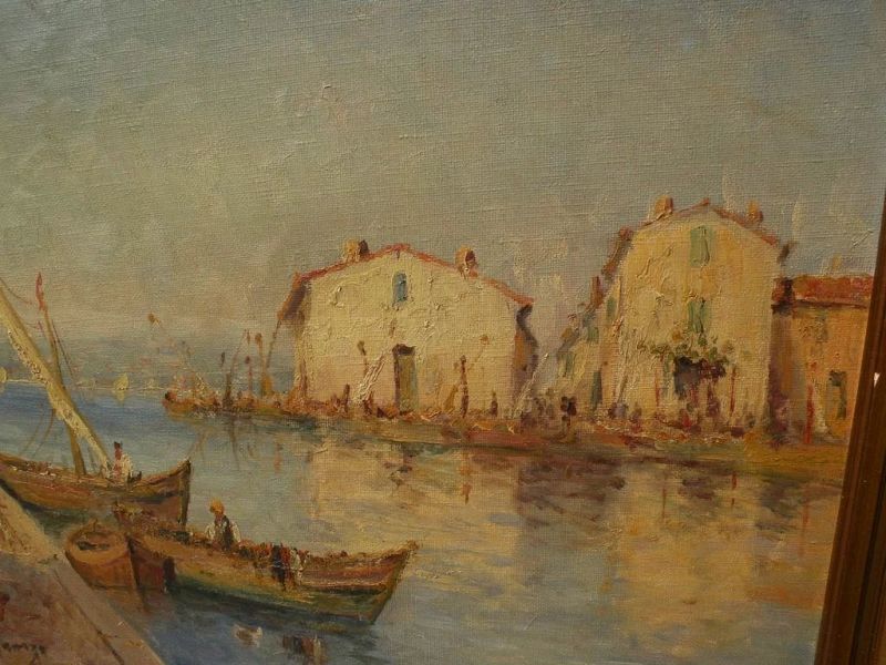 DOMINIQUE MANAGO (1902-) impressionist painting of Mediterranean harbor by listed French artist