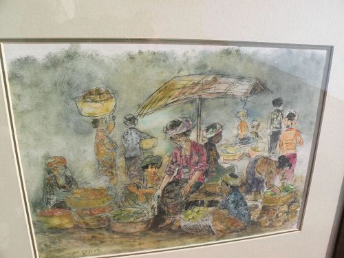 Indonesian art signed 1959 mixed media painting women at a marketplace