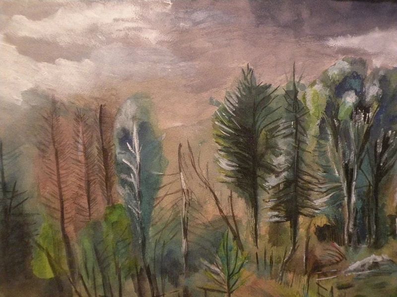 RICHARD HUELSENBECK (1892-1974) modern watercolor landscape painting dated 1942 by one of the founders of early 20th century Dada movement
