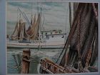 R. HAL BURRISS (1892-1991) listed American watercolor Southern art painting of fishing boats at the dock