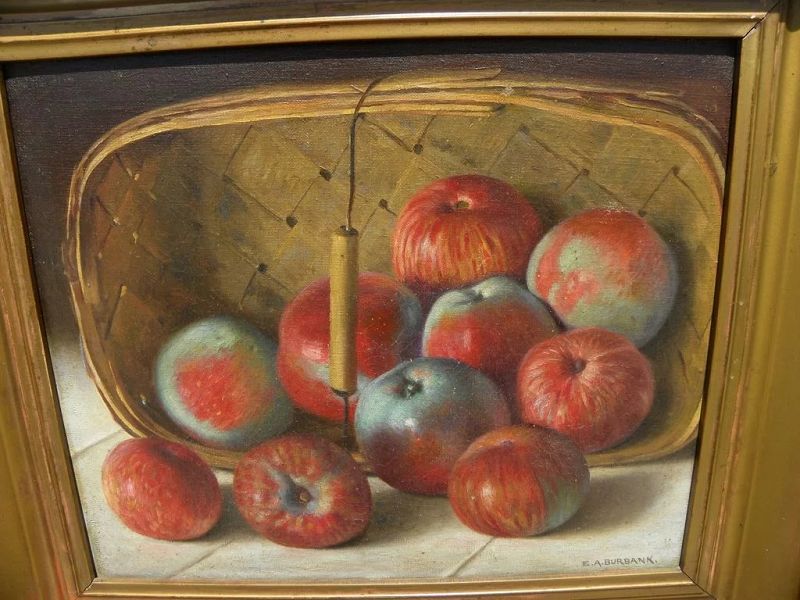 ELBRIDGE AYER BURBANK (1858-1949) fine oil painting of apples in a basket by the noted painter of Native Americans