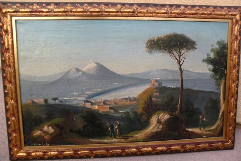 Vintage Italian painting of Bay of Naples and Mt. Vesuvius with figures
